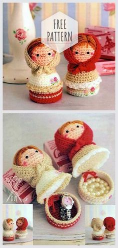 crocheted dolls are sitting on top of each other in small baskets and bowls