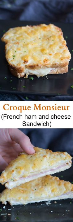 two images showing how to make croque monsieur french ham and cheese sandwich