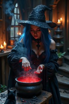 a woman with blue hair wearing a witches hat and holding a caulder full of red liquid