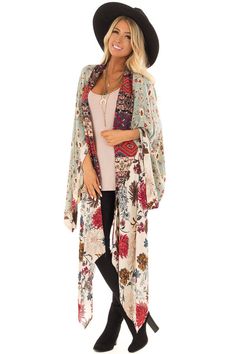 Dusty Blue and Vanilla Long Kimono with Floral Print Sheer Tops, Fits Inspo, Beautiful Kimonos, Trending Fashion Outfits, Boho Kimono, Long Kimono