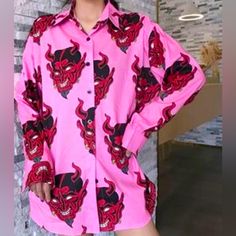 This Casual Loose Style Is An Unisex Devil Print Shirt That Will Pair With Jeans And Under Crop Tops! Great For This Time Of The Year!! Brand New With Tags Measurements Length Approx 30” Pit To Pit Approx 24.5” Shoulder To Shoulder Approx 21” Arm Length Approx 23” This Shirt Is To Use As An Oversized Clothing Or Very Loose Style Red Devil Halloween Costume, Devil Halloween Costume, Devil Halloween, Red Devil, Oversized Outfit, Costume Shirts, Light Blue Shirts, Pajama Party, The Devil