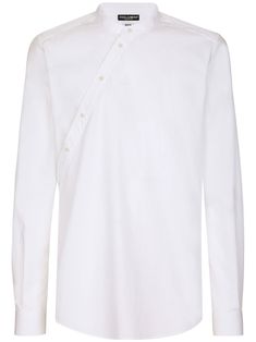 cloud white cotton collarless asymmetric front button fastening buttoned cuffs curved hem Collarless Shirt, Cloud White, Shirt White, White Cotton, Chef's Jackets, Dolce And Gabbana, Top Brands, Mens Shirts, Luxury Fashion