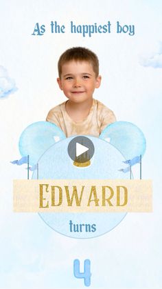 a young boy is smiling with the words edward turns in front of his face and clouds behind him