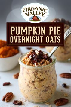 pumpkin pie overnight oats in a glass jar with a spoon on the side, surrounded by pecans