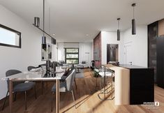 an empty dining room and kitchen area in a modern home with wood floors, white walls, and large windows