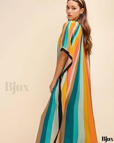 Bjux - Striped Print Beach Cover Up Dress for Vacation, Bikini Sun Protection Shirt, Swimwear Outerwear Beach Striped Short Sleeve Maxi Dress, Striped Long Dress For Vacation, Long Striped Vacation Dress, Beach Cover Up Dress, Beach Coverup Dress, Beach Getaways, Beach Covers, Cover Up Dress, Olivia Mark