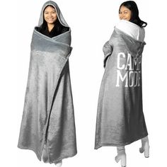 One-Size-Fits-Most 50" x 60" main section. Oversized 11" hooded blanket with 8" square pockets and a 6.5" openingsuper soft royal plush 100% polyester 320 GSM material. All white interior with a gray exterior and large white "Camp Mode" sentiment printed onto the center back of the cloak. The pockets are perfect for putting hands into to wrap up tight with warmth and maybe even hold some small snacks or a phone. Machine wash cold on a gentle cycle with like colors; do not use bleach. Tumble dry Gray Exterior, Grey Exterior, Small Snacks, Hooded Blanket, Under The Stars, Lovers And Friends, White Interior, All White, Cloak