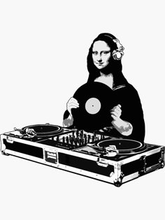 a woman with headphones on holding a record player