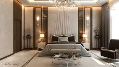 a modern bedroom with a chandelier hanging from the ceiling