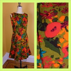 "Flirty, vivid 60s/70s dress made of a medium weight cotton or cotton blend. The green is kind of mustardy. Princess seams front and back, lap zipper (metal). Though the waist measures 29-30\" on a hanger, the dress fits nicely on the form in the photo, which has a 26 1/2\"waist measurement." Green Mod Cotton Dress, Red Leather Mini Skirt, Black Velvet Gown, Velvet Party Dress, Floral Cotton Dress, 1920s Flapper Dress, Velvet Gown, Tulip Dress, Cotton Dress Summer