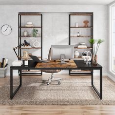 a home office with an open bookcase and desk