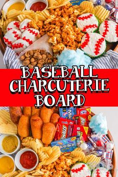 a basket full of baseball themed snacks with the words baseball charour board on it