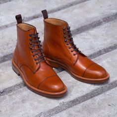 Dowler Cap-toe Boot - Calfskin Leather - Tan – Beckett Simonon Cap Toe Boots, Leather Dress Shoes, Dress Shoe, Slide On, Leather Dress, Dr. Martens Boots, Boots Men, Combat Boots, Calf Skin