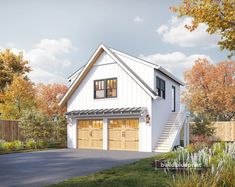 a two car garage with stairs leading up to the second floor and an upstairs loft