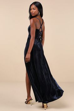 Any special affair will be even more grand when you arrive in the Lulus Extravagant Muse Dark Slate Velvet Lace-Up Bustier Maxi Dress! Stretchy and soft velvet velour shapes this stunning gown that features a bustier-inspired bodice with seamed supportive boning across the front and a flirty sweetheart neckline, all supported by slender straps create a trendy lace-up design at the back. The fitted, Basque-style waist tops a flowy A-line skirt that falls to a sweeping maxi hem with a sultry side Velvet Bustier, Dress Velvet, Stunning Gowns, Bustier Dress, Velvet Lace, Soft Velvet, A Line Skirt, Sweetheart Neckline, A Line Skirts