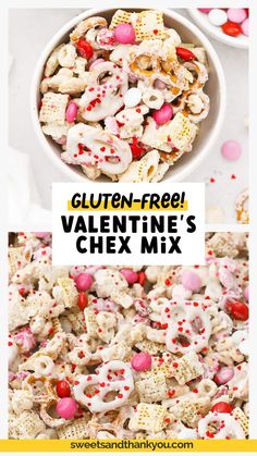 valentine's chex mix in a bowl with the words gluten - free