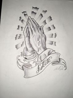 a drawing of a praying hands and banner