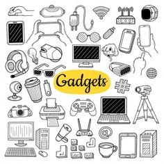 the word gadgets surrounded by doodles and other things in black and white