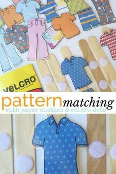 paper clothes and clothes pegs are arranged on a wooden surface with the words pattern matching