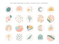 the 20 instagram story highlight covers are in pastel colors, with different shapes and sizes