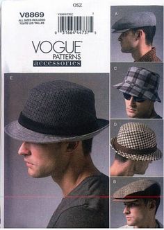 Vogue 8869 Mens Hats Fendora Bucket Ivy Cap 5 Styles Accessories Pattern New | eBay Mens Hat Pattern, Mens Fedora Hat, Mens Fedora, Vogue Men, Hat Patterns To Sew, Vogue Sewing Patterns, Unique Hats, Vogue Pattern, Vogue Patterns