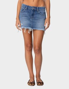 EDIKTED Denim Womens Mini Skirt - LIGHT BLUE | Tillys Summer Mid-rise Denim Blue Skirt, Summer Mini Denim Skirt With Frayed Hem, Denim Mid-rise Summer Skort, Frayed Hem Denim Mini Skirt For Summer, Denim Blue Mid-rise Summer Skirt, Mid-rise Denim Skort For Summer, Mid-rise Denim Blue Skirt For Summer, Mid-rise Cotton Skort For Summer, Summer Denim Mini Skirt With Frayed Hem