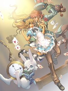 an image of alice and the white rabbit in wonderlandland with playing cards around her