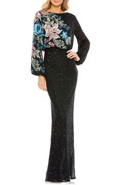 Embellished blooms draw attention to this blouson gown featuring long sleeves and sultry side slits. Bateau neck Long sleeves Lined 100% polyester Spot clean Imported Asian Owned/Founded Black Gown Long Sleeve, Red Carpet Dresses Prom, Black Tie Gowns, Sparkle Dresses, Evening Gowns Online, Gown Long Sleeve, High Neck Gown, Come Undone, Elegant Dresses For Women