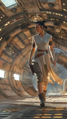 a woman in a star wars outfit walking through a space station