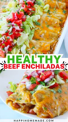 healthy beef enchiladas on a plate with lettuce and tomato salsa