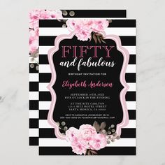 a black and white striped birthday party with pink flowers on the front, stripes in the background