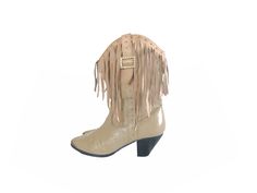 "Vintage 90's cowboy boots in beige cream leather. Long fringe with short heel. Size on tag : 7 1/2 Condition : Good vintage, some light scuffs Material : Leather upper MEASUREMENTS Toe to heel 9.5\" Widest part of toe 3.5\" Heel 3\"" Vintage Beige Boots For Fall, Cream Leather Boots For Rodeo, Western Cream Boots For Ranch, Western Style Cream Leather Heeled Boots, Western Style Beige Heeled Boots, Western Cream Heeled Boots With Round Toe, Western Style Cream Ankle Boots, Vintage Cream Boots With Pointed Toe, Western Cream Heeled Boots With Snip Toe