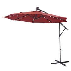 a red umbrella with lights on it and a black stand for the top half, against a white background