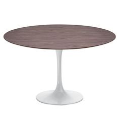 an oval dining table with a wooden top and white pedestal base, viewed from the front