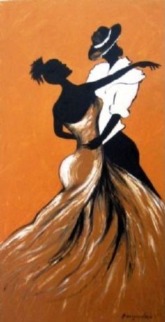 a painting of a couple dancing on an orange and black background with the silhouette of a woman in a white dress