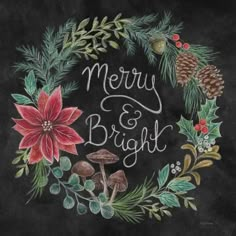 a christmas wreath with the words merry and bright written on it, surrounded by pine cones