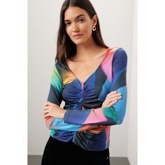 Multicolor abstract mesh (91% Naia Acetate, 9% Elastane). Top. Long sleeves. V-neck. Pull on. 21.5" from shoulder to hemline. Imported. Leather Jeans, Rent The Runway, Closet Designs, V Neck Blouse, Motion, Long Sleeves, Mesh, V Neck, Long Sleeve