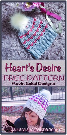 a knitted hat with pom - pom on top and text that reads heart's desire free pattern