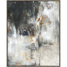 an abstract painting with white, grey and gold colors on it's surface is shown