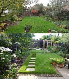 this is an image of a garden with grass and stepping stone steps in the middle