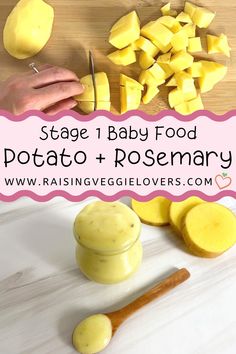 potatoes are being cut into small pieces and placed on a cutting board with text overlay that reads stage 1 baby food potato + rosemary