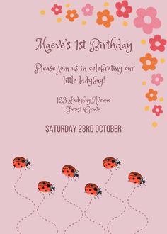 a pink birthday card with ladybugs on it