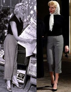 two photos of marilyn monroe in black and white outfits, one is reading the newspaper