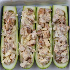 cucumbers stuffed with chicken salad in a baking dish