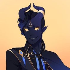 an anime character with horns on his head and blue hair, wearing a black outfit