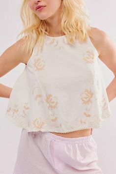 Free People: Fun and Flirty Embroidered Top - J. Cole ShoesFREE PEOPLEFree People: Fun and Flirty Embroidered Top Combo Color, Feminine Top, Color Ivory, Embroidered Top, Sleeveless Tank, Free People Tops, Scoop Neckline, A Button, Pink White