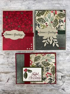 three christmas cards with holly and berries on them