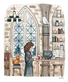 a watercolor painting of a woman writing in front of a desk with a teddy bear