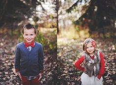 two young children are standing in the woods with their heads turned to look like they're wearing scarves