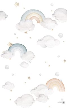 an image of clouds and rainbows in the sky with stars on them, watercolor